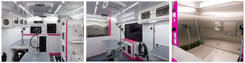 Three images show the interior of a mobile veterinary clinic, featuring workstations, medical equipment, storage cabinets, and a stainless steel examination area—perfect for mobile dog grooming or cat grooming services on the go.